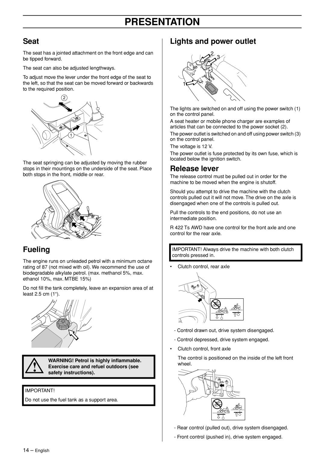 Husqvarna R 422Ts AWD manual Seat, Fueling, Lights and power outlet, Release lever 