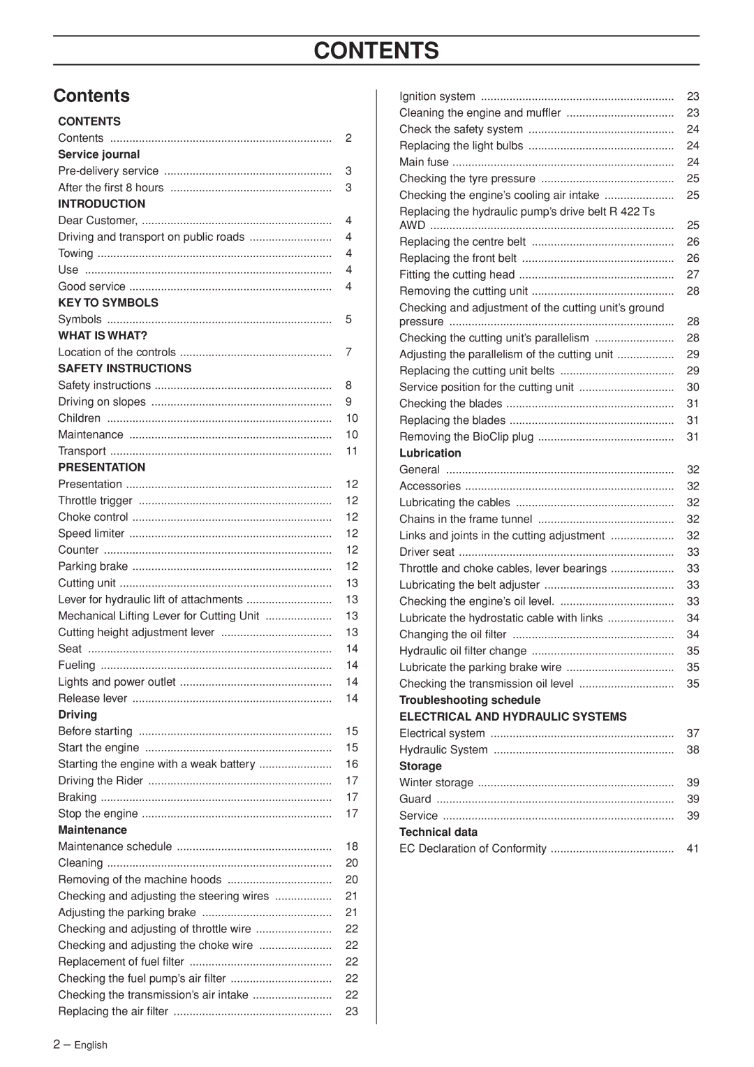 Husqvarna R 422Ts AWD manual Contents 