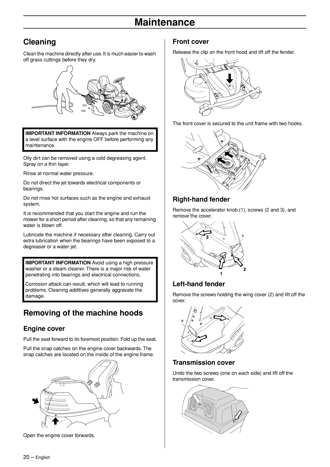 Husqvarna R 422Ts AWD manual Cleaning, Removing of the machine hoods 