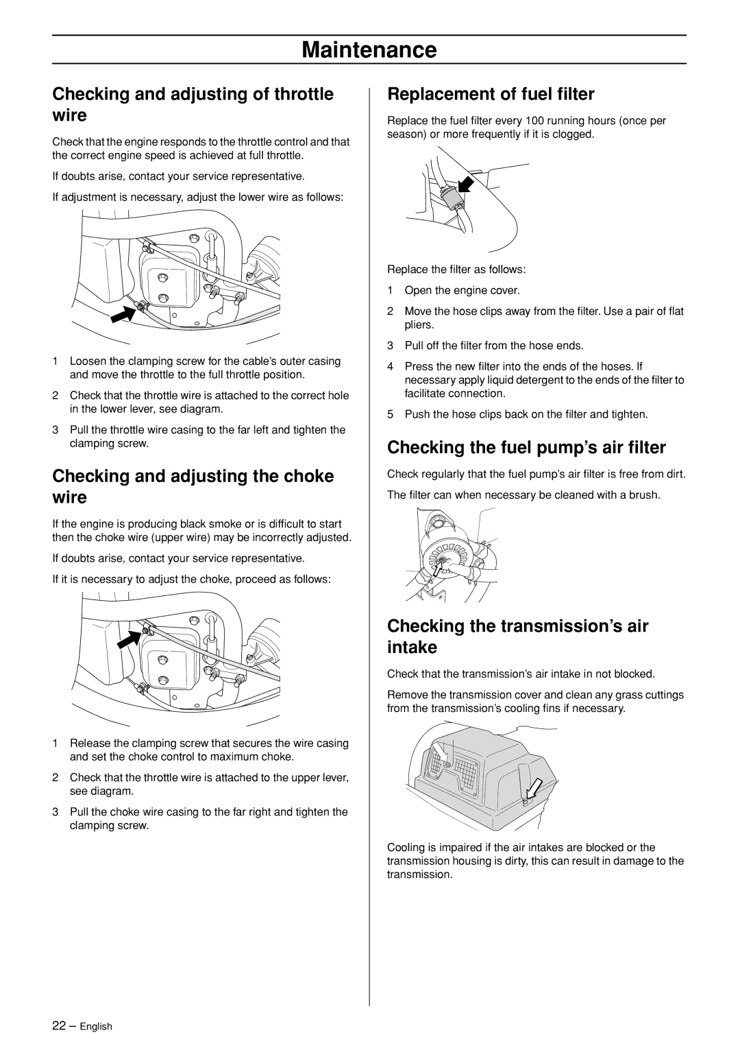 Husqvarna R 422Ts AWD manual Checking and adjusting of throttle wire, Checking and adjusting the choke wire 