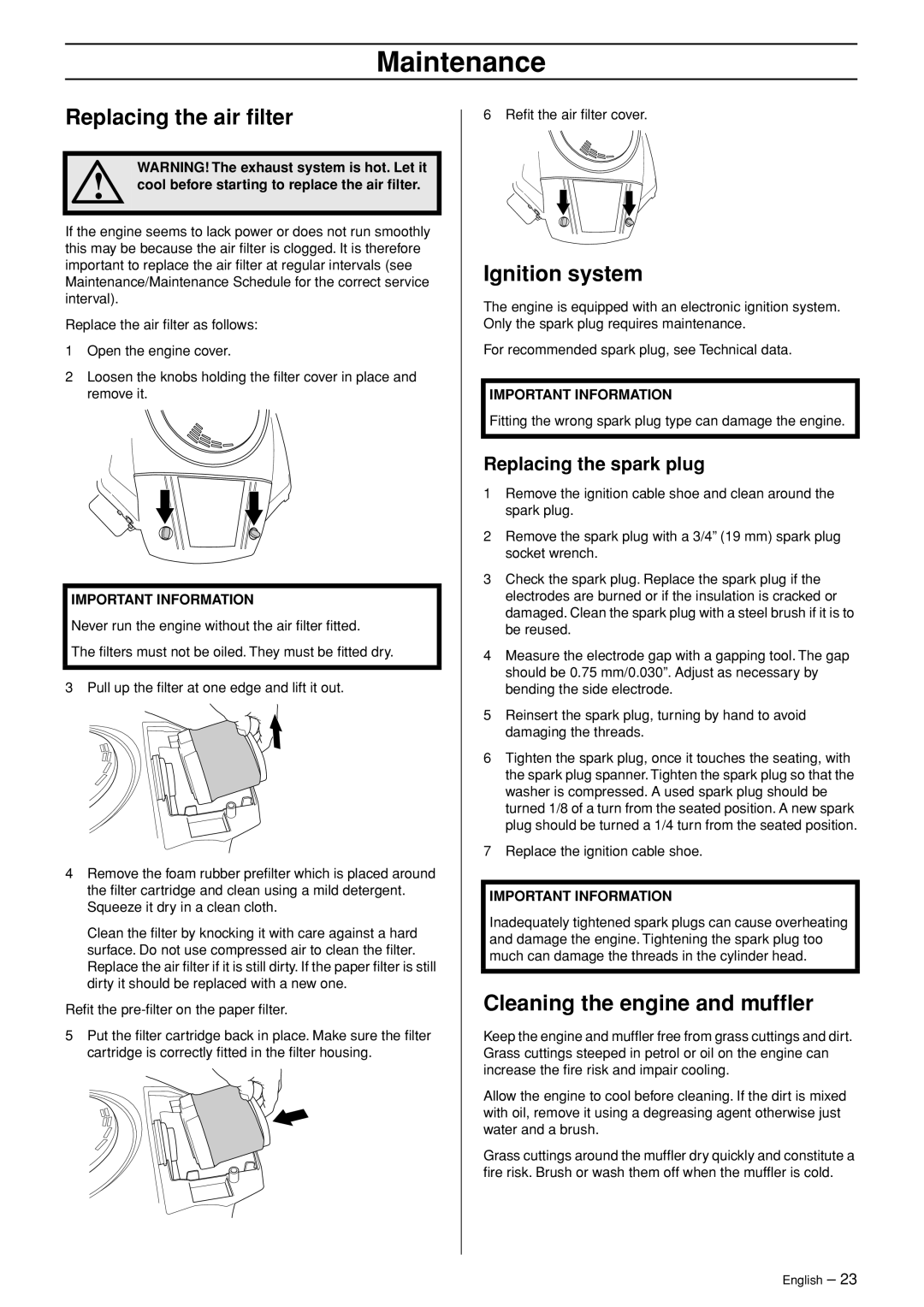 Husqvarna R 422Ts AWD Replacing the air ﬁlter, Ignition system, Cleaning the engine and mufﬂer, Replacing the spark plug 