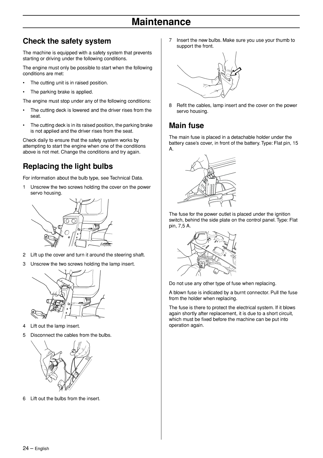 Husqvarna R 422Ts AWD manual Check the safety system, Replacing the light bulbs, Main fuse 