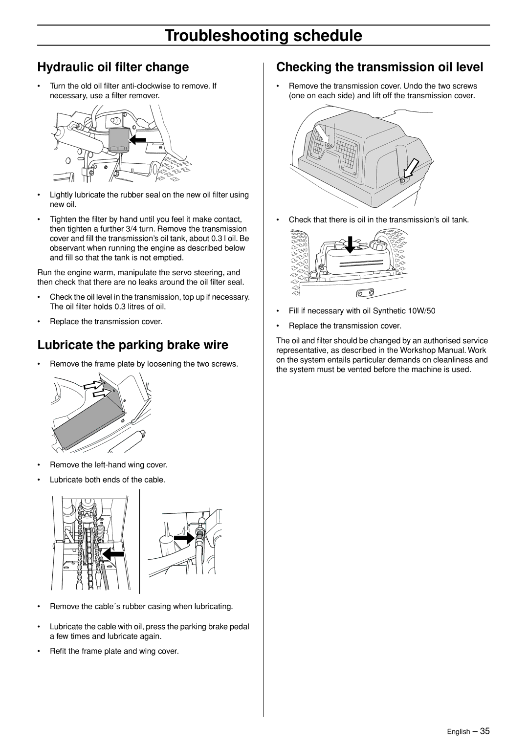 Husqvarna R 422Ts AWD manual Troubleshooting schedule, Hydraulic oil ﬁlter change, Lubricate the parking brake wire 