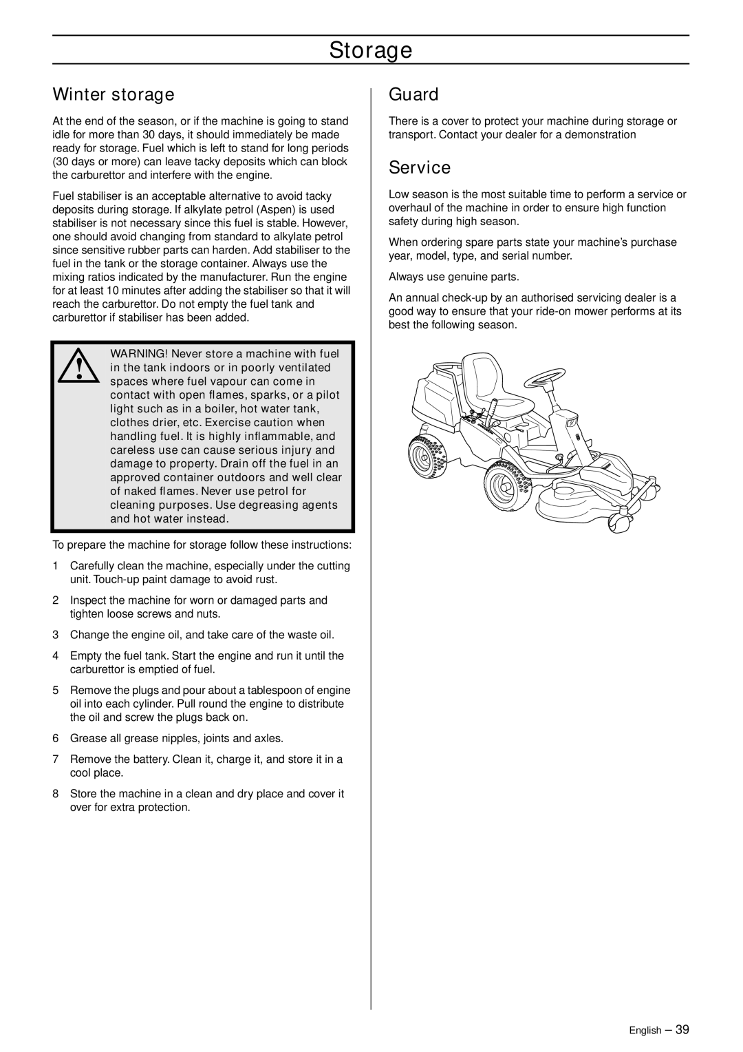 Husqvarna R 422Ts AWD manual Storage, Winter storage, Guard, Service 