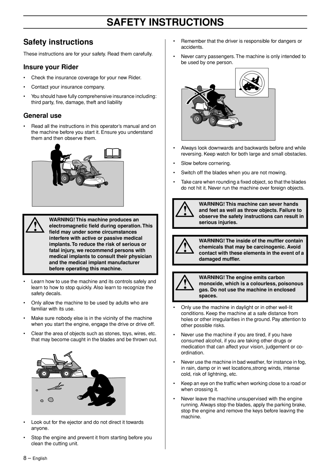 Husqvarna R 422Ts AWD manual Safety Instructions, Safety instructions, Insure your Rider, General use 