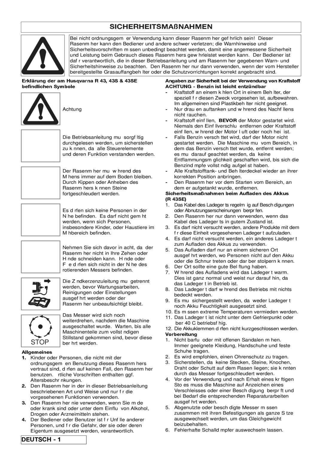 Husqvarna manual Allgemeines, Sicherheitsmaßnahmen beim Aufladen des Akkus R 43SE, Vorbereitung 