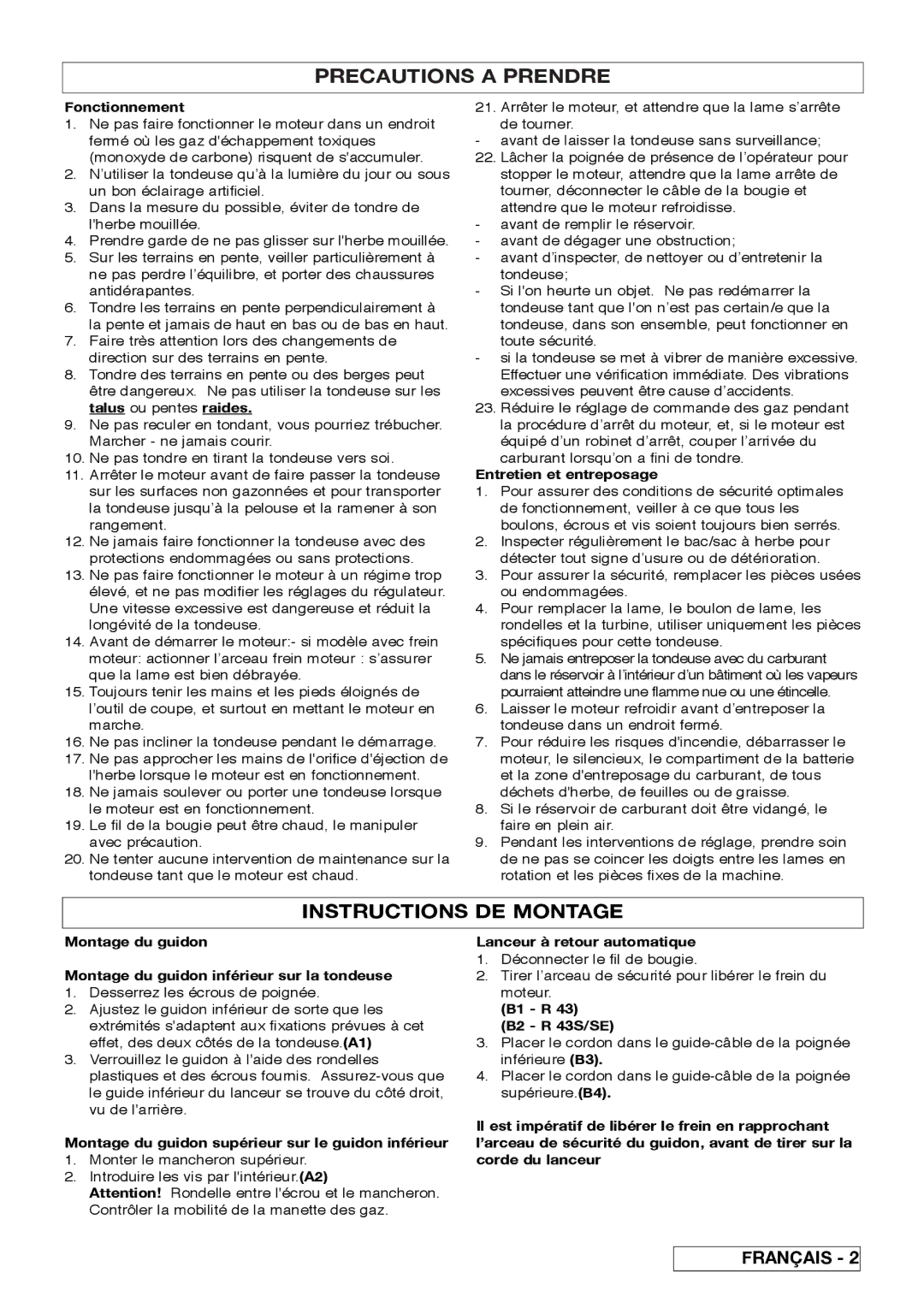 Husqvarna R 43SE manual Instructions DE Montage, Fonctionnement, Entretien et entreposage, Lanceur à retour automatique 