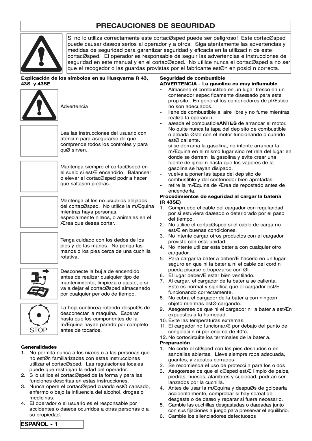 Husqvarna manual Precauciones DE Seguridad, Generalidades, Procedimientos de seguridad al cargar la batería R 43SE 