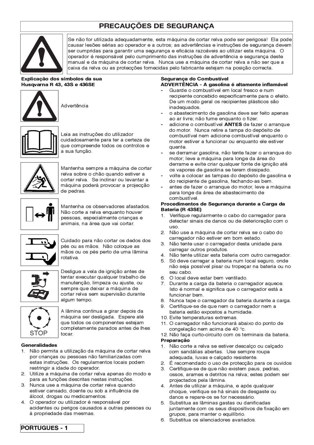 Husqvarna R 43SE manual Precauções DE Segurança, Explicação dos símbolos da sua Husqvarna R 43, 43S e 436SE, Preparação 