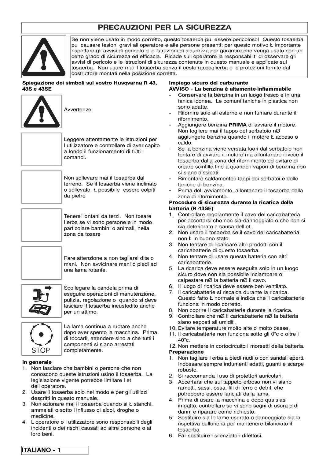 Husqvarna R 43SE manual Precauzioni PER LA Sicurezza, Generale, Preparazione 