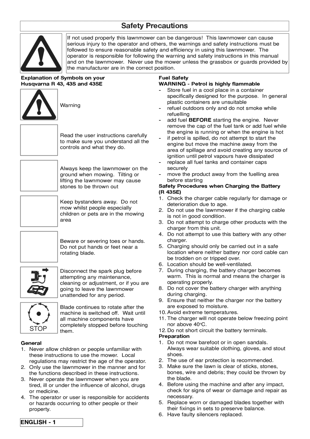 Husqvarna manual General, Safety Procedures when Charging the Battery R 43SE, Preparation 