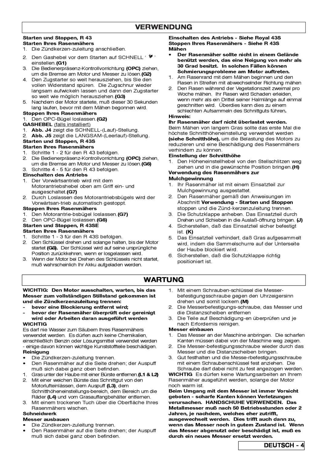 Husqvarna R 43SE manual Verwendung, Wartung 