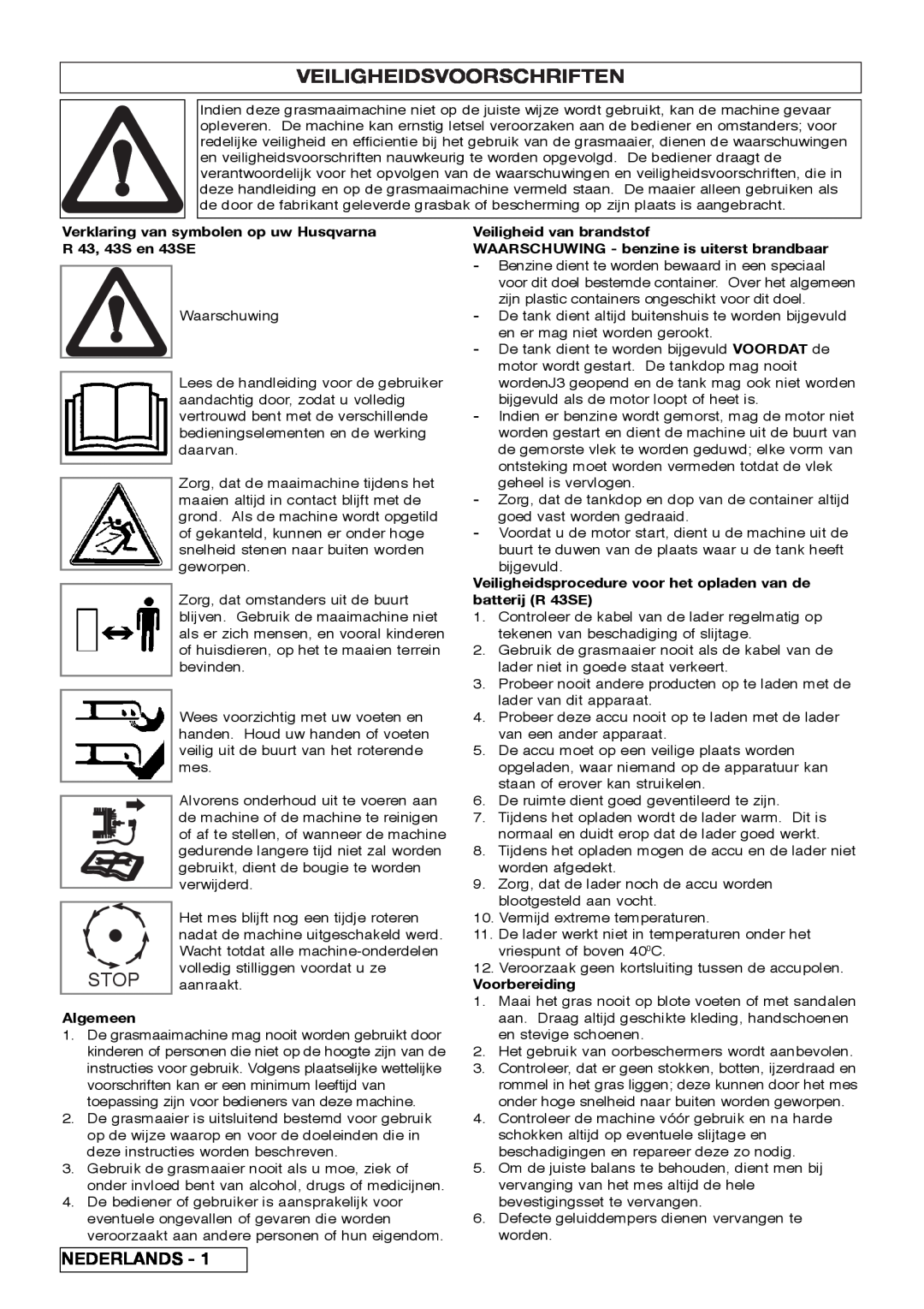 Husqvarna R 43SE manual Veiligheidsvoorschriften, Stop, Nederlands 