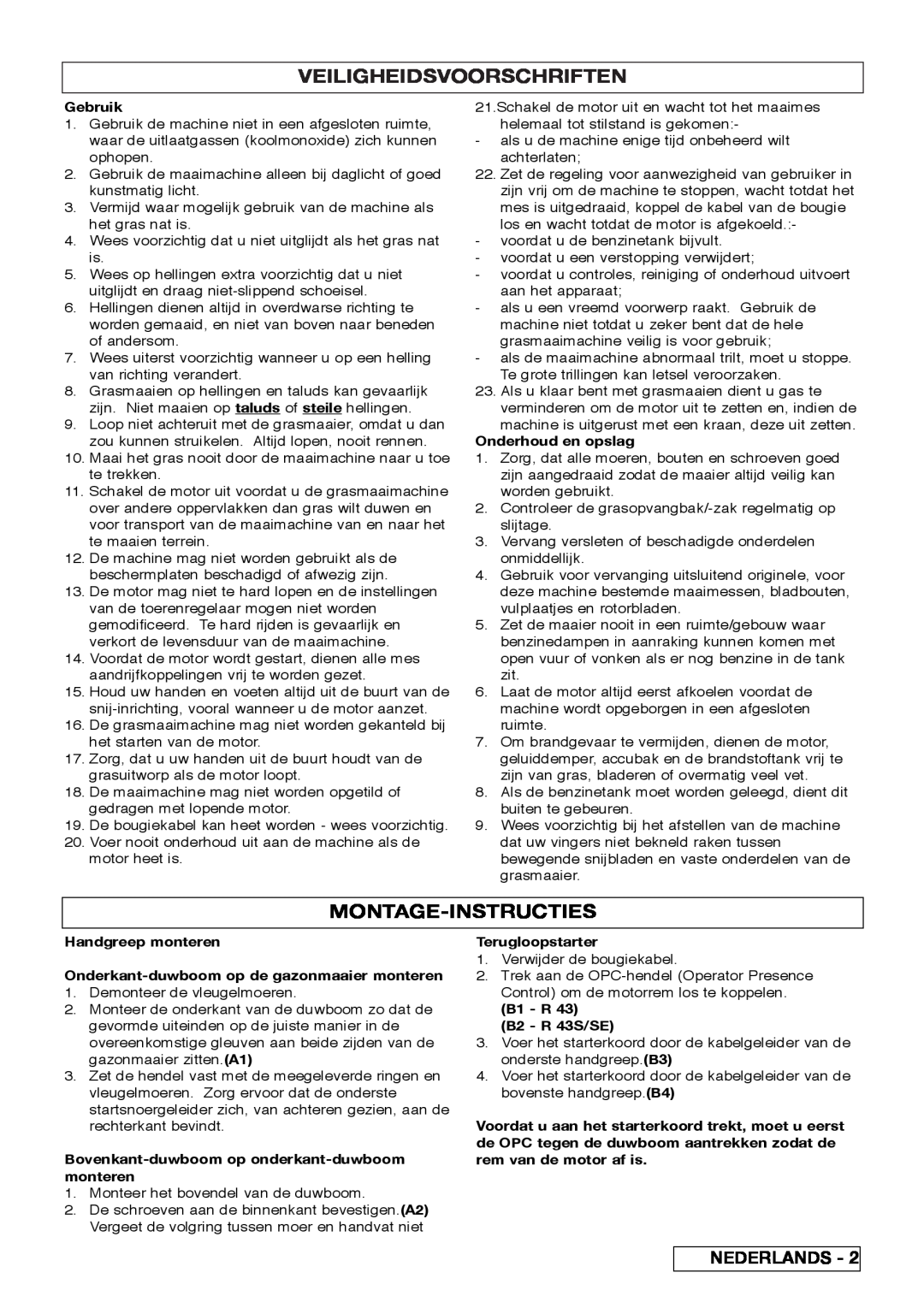 Husqvarna R 43SE manual Veiligheidsvoorschriften, Montage-Instructies 