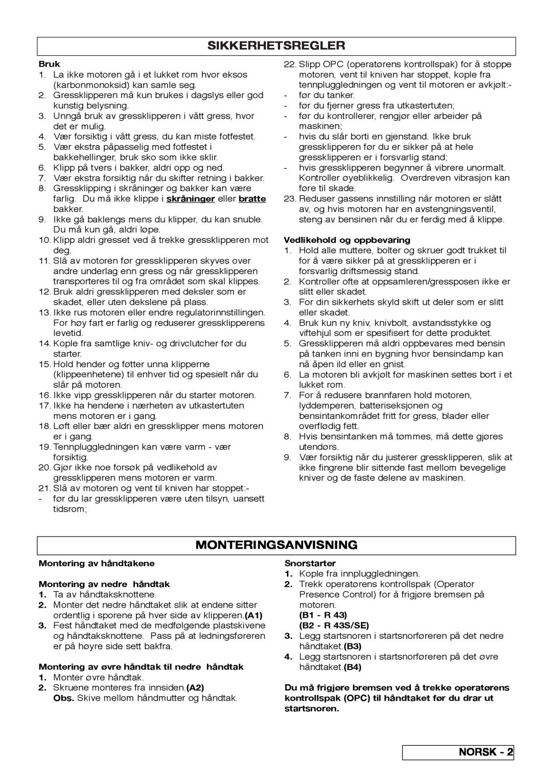 Husqvarna R 43SE manual Sikkerhetsregler, Monteringsanvisning 
