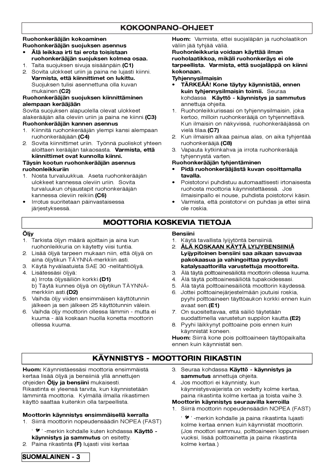 Husqvarna R 43SE manual Kokoonpano-Ohjeet, Moottoria Koskevia Tietoja, Käynnistys - Moottorin Rikastin 