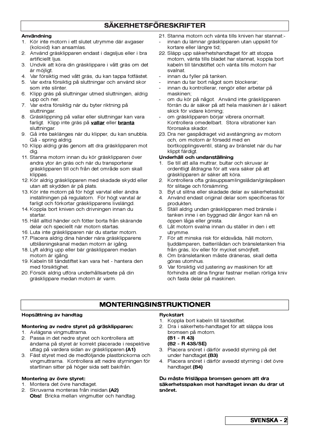 Husqvarna R 43SE manual Säkerhetsföreskrifter, Monteringsinstruktioner 