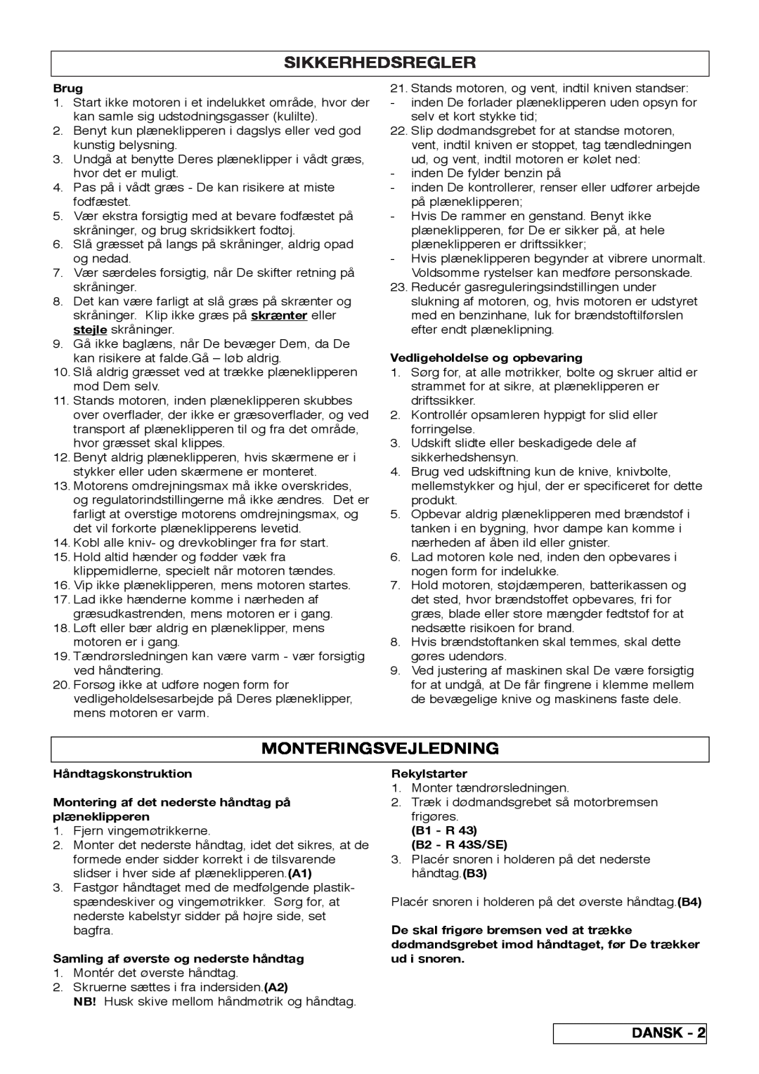 Husqvarna R 43SE manual Sikkerhedsregler, Monteringsvejledning 