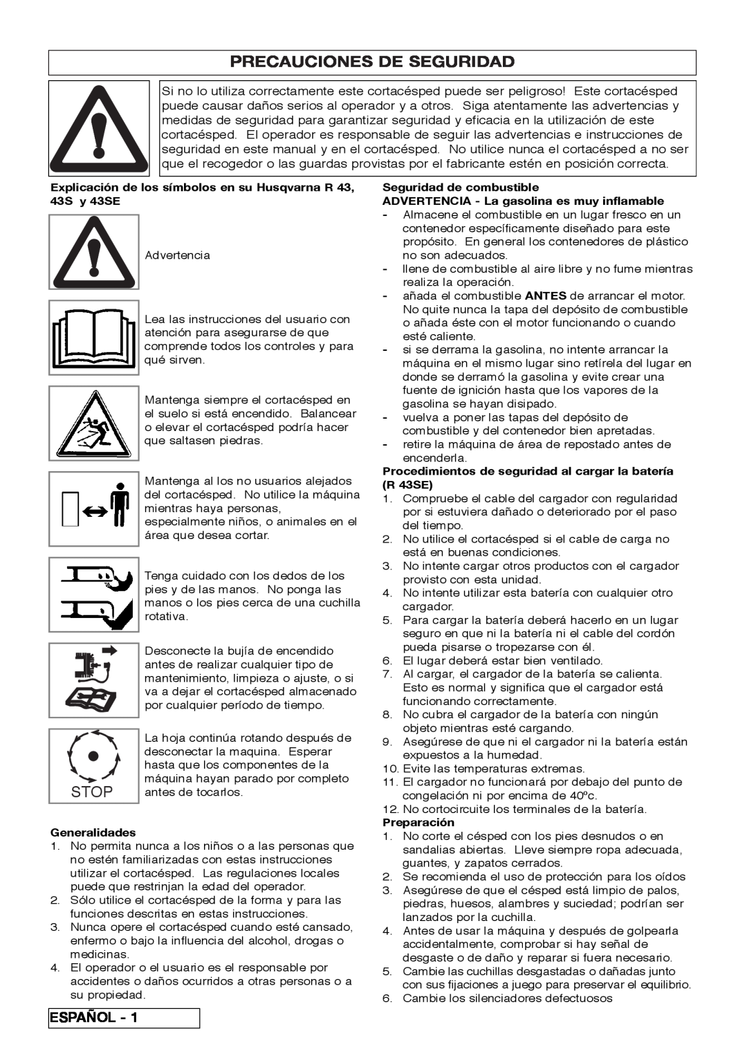 Husqvarna R 43SE manual Precauciones De Seguridad, Stop, Español 