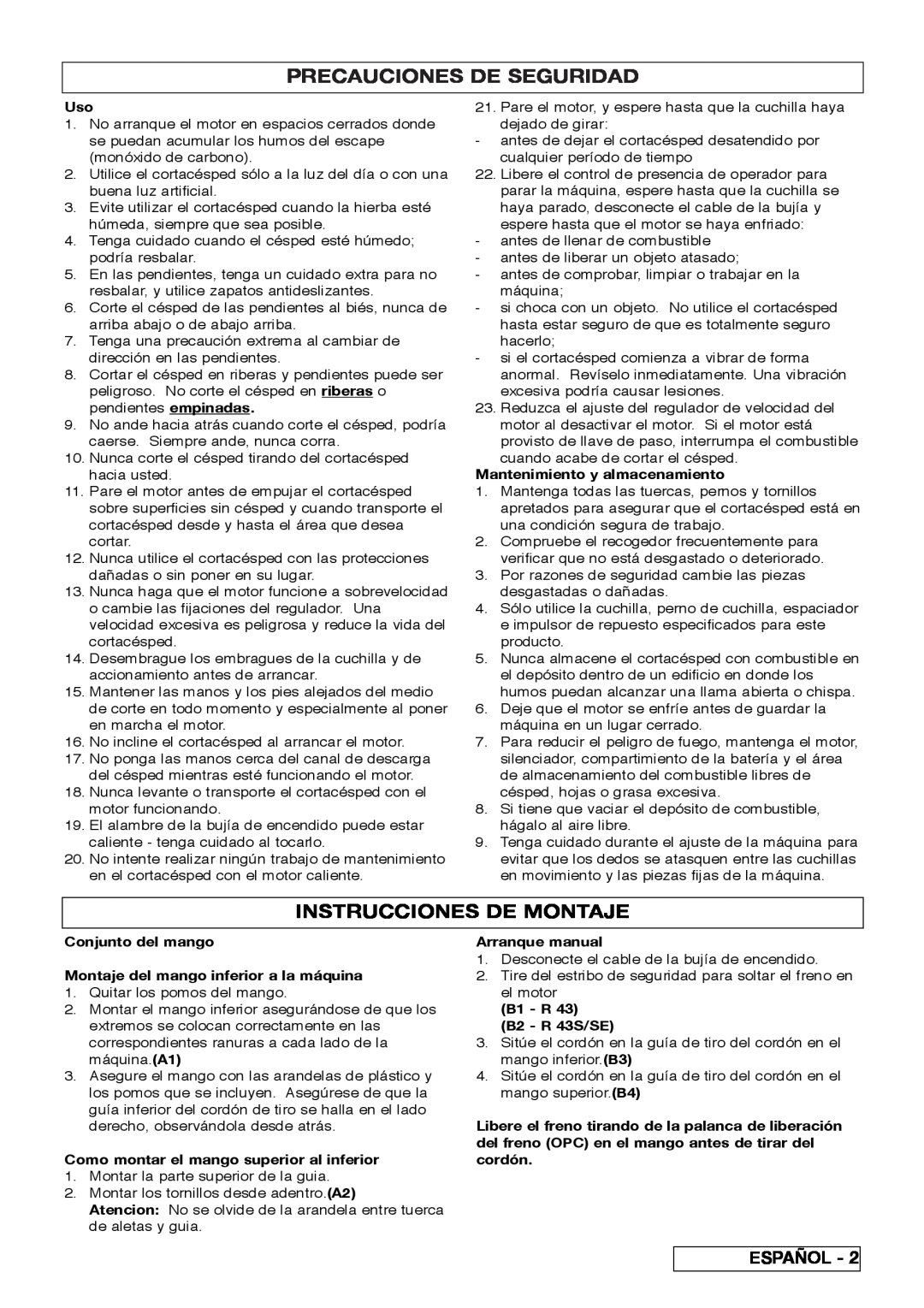 Husqvarna R 43SE manual Precauciones De Seguridad, Instrucciones De Montaje 