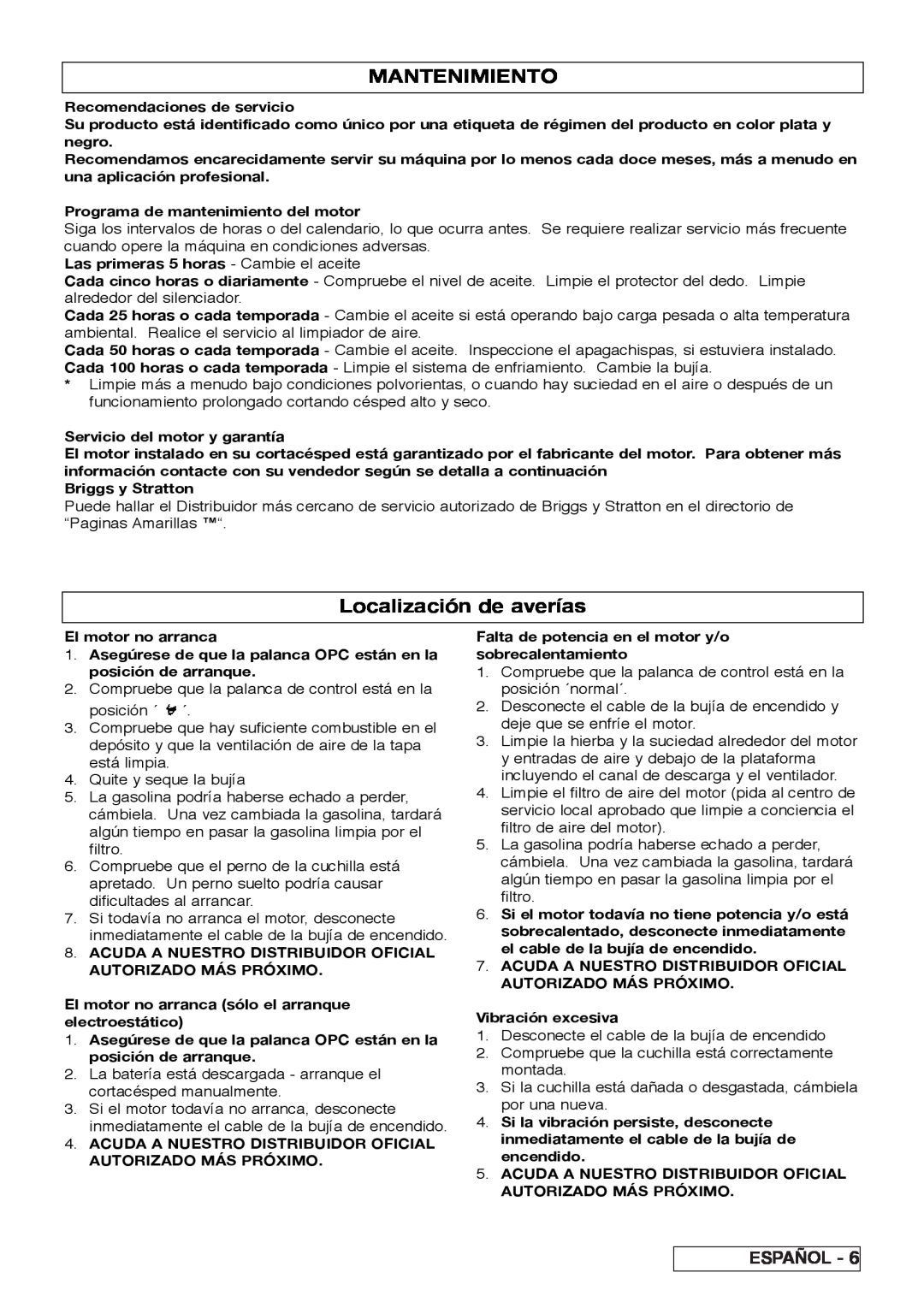Husqvarna R 43SE manual Mantenimiento, Localización de averías, Español 