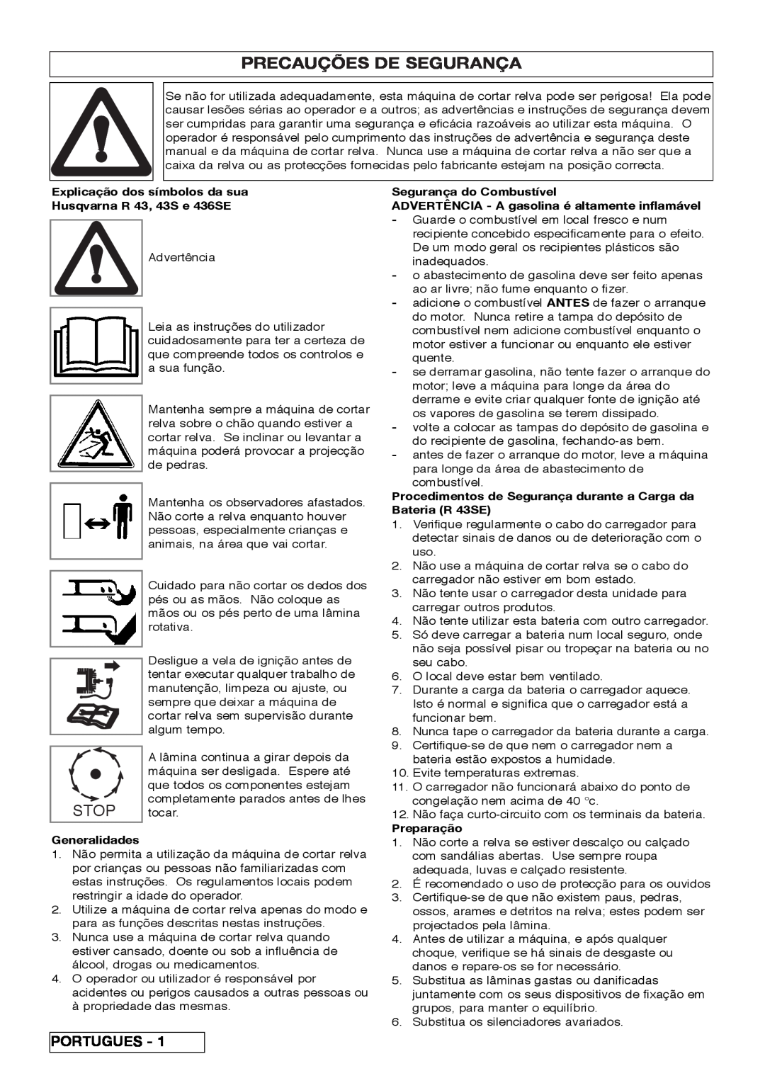 Husqvarna R 43SE manual Precauções De Segurança, Stop, Portugues 