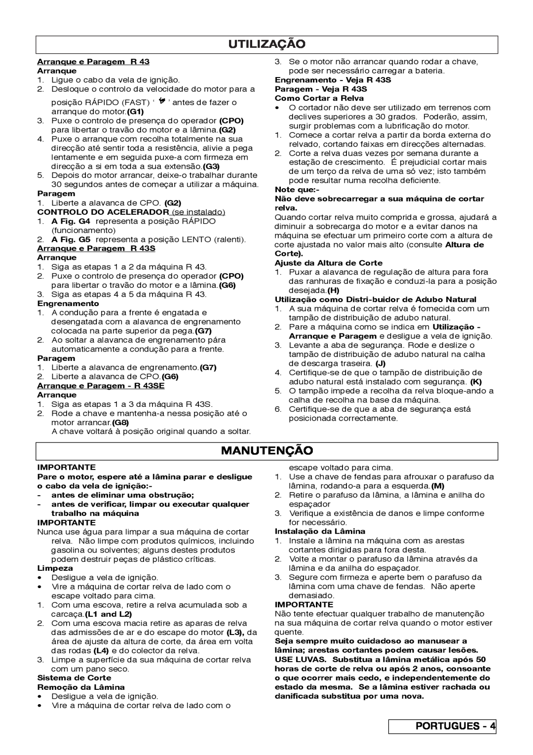 Husqvarna R 43SE manual Utilização, Manutenção 