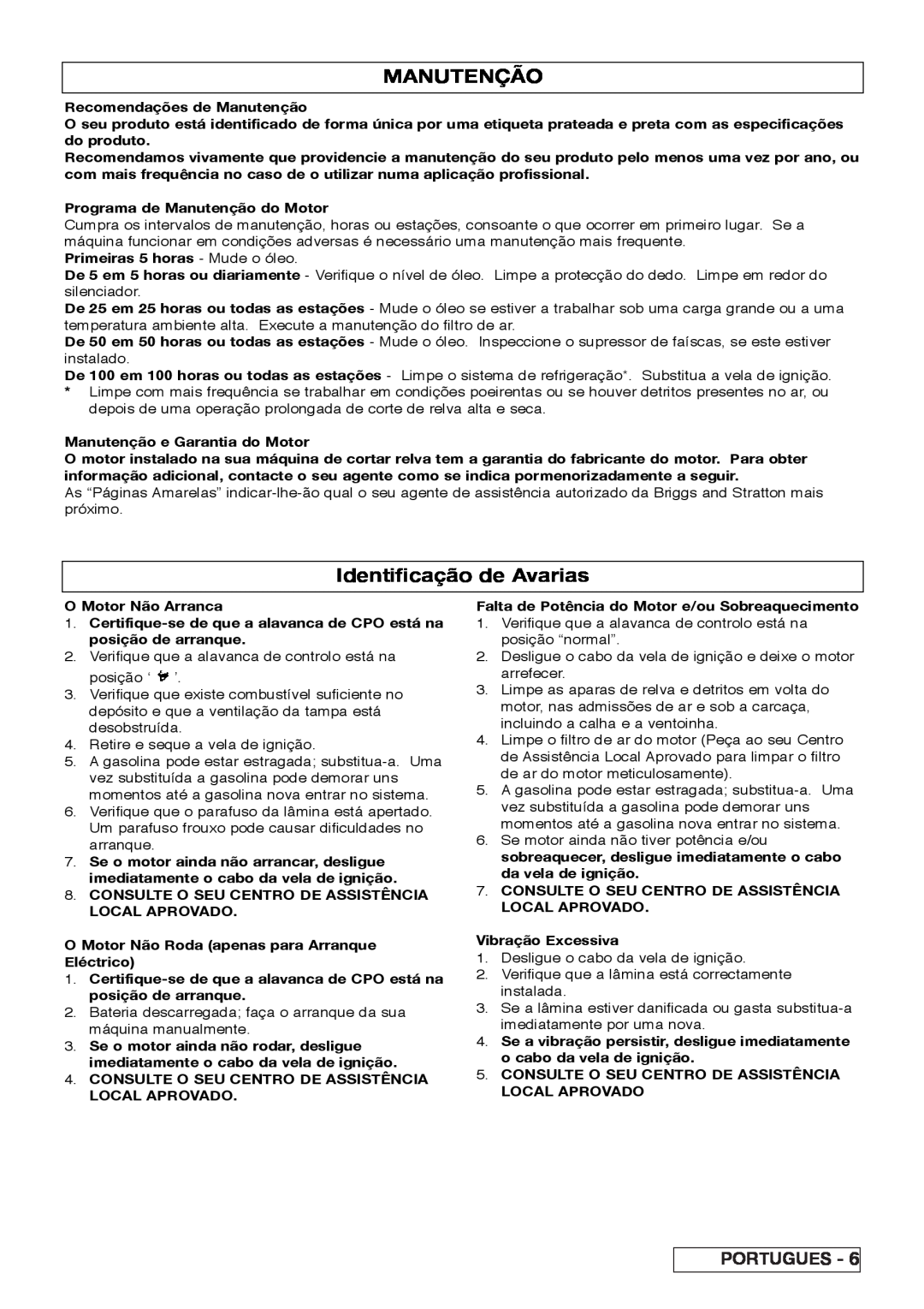Husqvarna R 43SE manual Manutenção, Identificação de Avarias, Portugues 