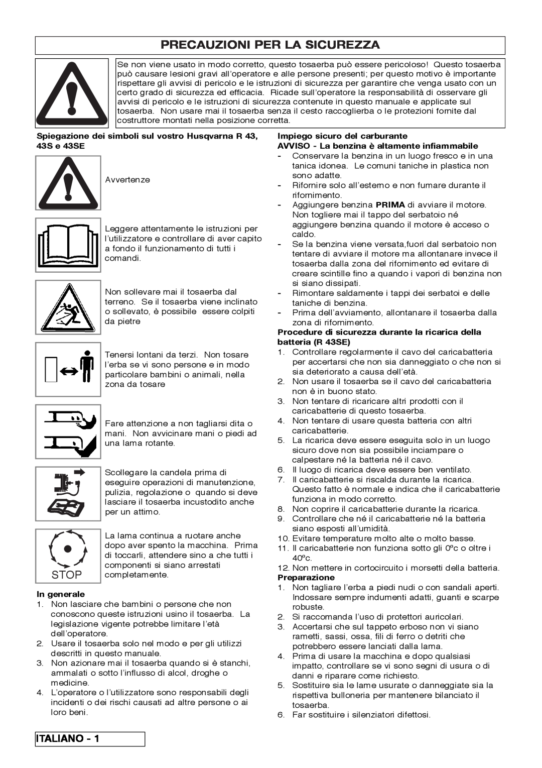 Husqvarna R 43SE manual Precauzioni Per La Sicurezza, Stop, Italiano 