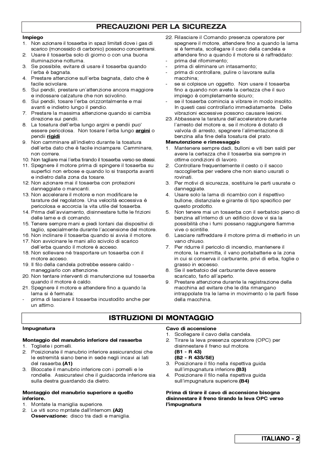 Husqvarna R 43SE manual Precauzioni Per La Sicurezza, Istruzioni Di Montaggio 