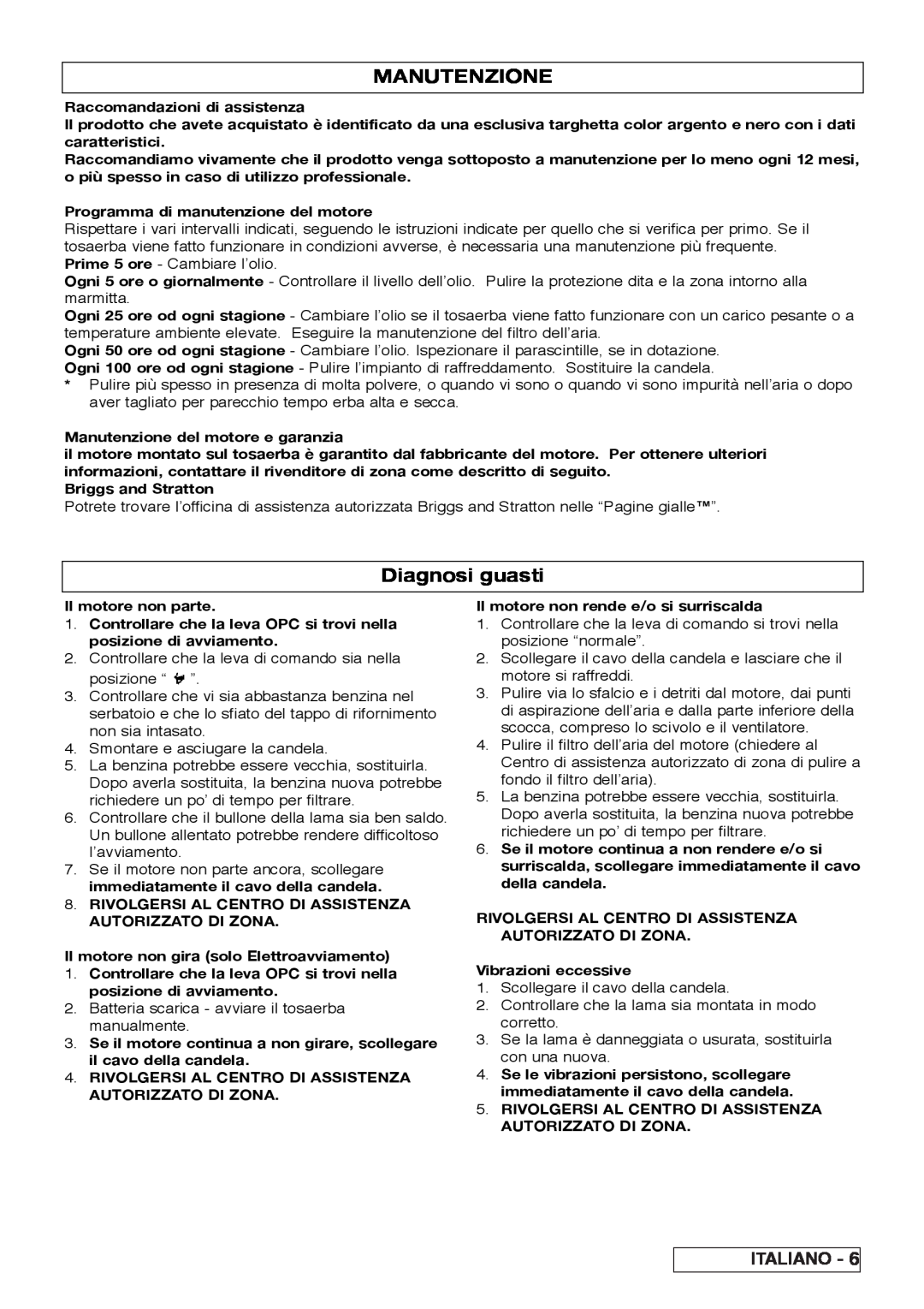 Husqvarna R 43SE manual Manutenzione, Diagnosi guasti, Italiano 