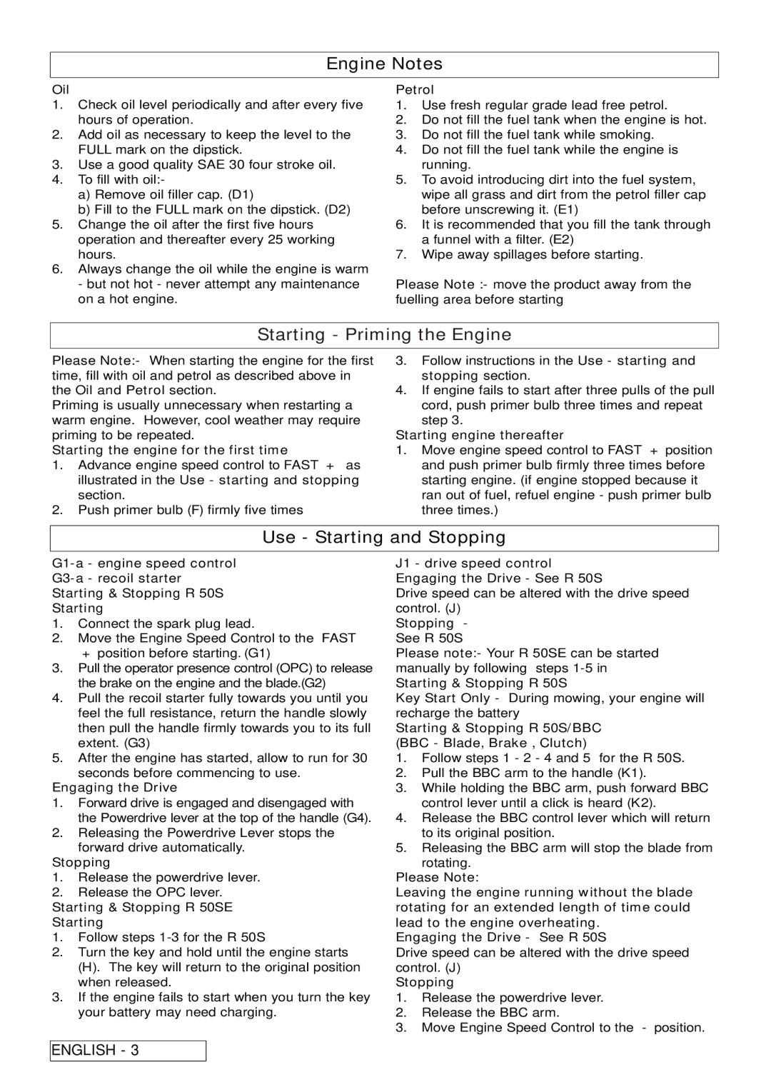 Husqvarna R 50S / BBC, R 50SE manual Engine Notes, Starting Priming the Engine, Use Starting and Stopping 