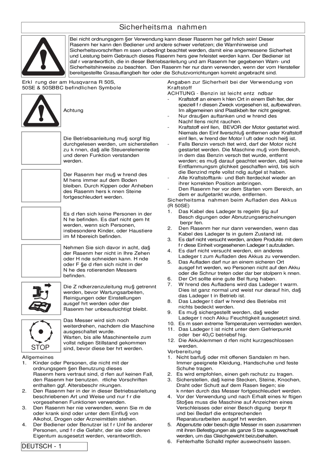 Husqvarna R 50S / BBC manual Allgemeines, Sicherheitsmaßnahmen beim Aufladen des Akkus R 50SE, Vorbereitung 