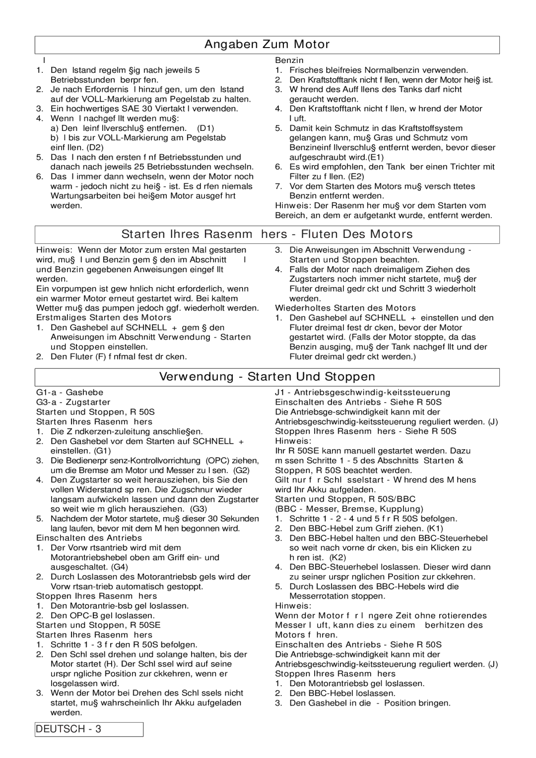 Husqvarna R 50S / BBC manual Angaben Zum Motor, Starten Ihres Rasenmähers Fluten Des Motors, Verwendung Starten Und Stoppen 