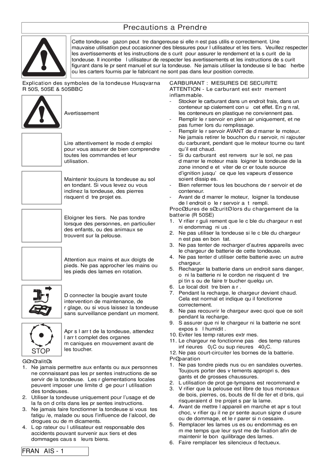 Husqvarna R 50SE, R 50S / BBC manual Precautions a Prendre, Généralités, Préparation 