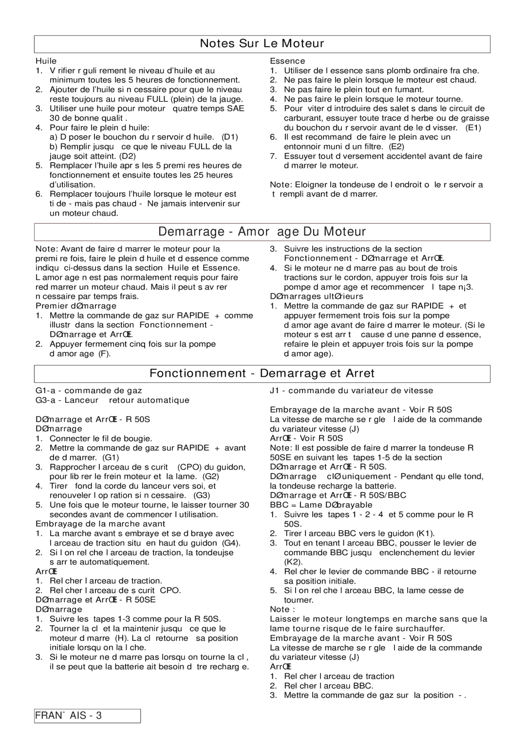 Husqvarna R 50S / BBC, R 50SE manual Demarrage Amorçage Du Moteur, Fonctionnement Demarrage et Arret 