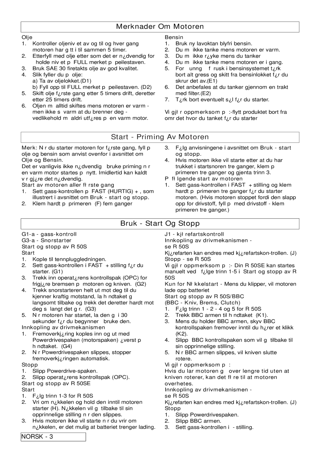 Husqvarna R 50S / BBC, R 50SE manual Merknader Om Motoren, Start Priming Av Motoren, Bruk Start Og Stopp 