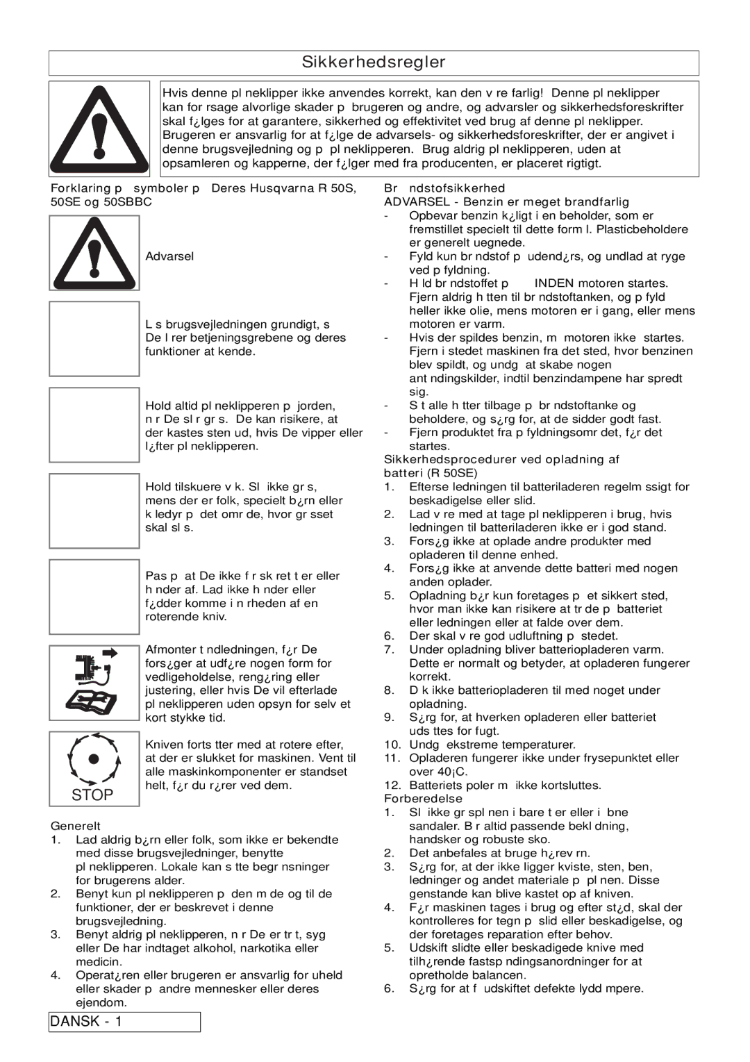 Husqvarna R 50S / BBC manual Sikkerhedsregler, Brændstofsikkerhed, Sikkerhedsprocedurer ved opladning af batteri R 50SE 