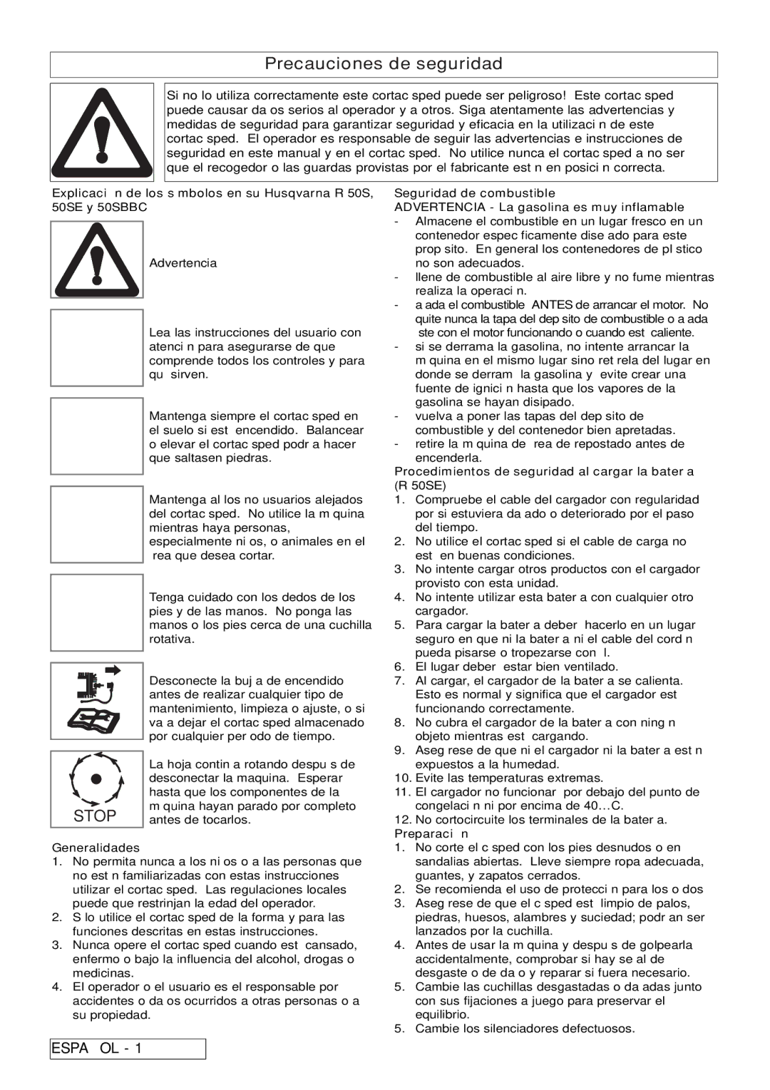 Husqvarna manual Precauciones de seguridad, Generalidades, Procedimientos de seguridad al cargar la batería R 50SE 