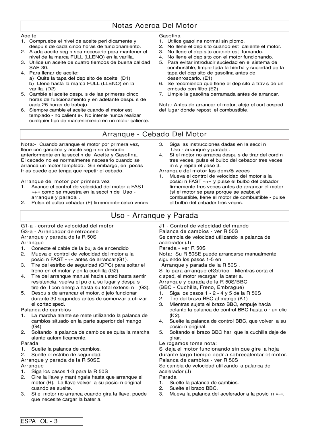 Husqvarna R 50S / BBC, R 50SE manual Uso Arranque y Parada, Notas Acerca Del Motor, Arranque Cebado Del Motor 