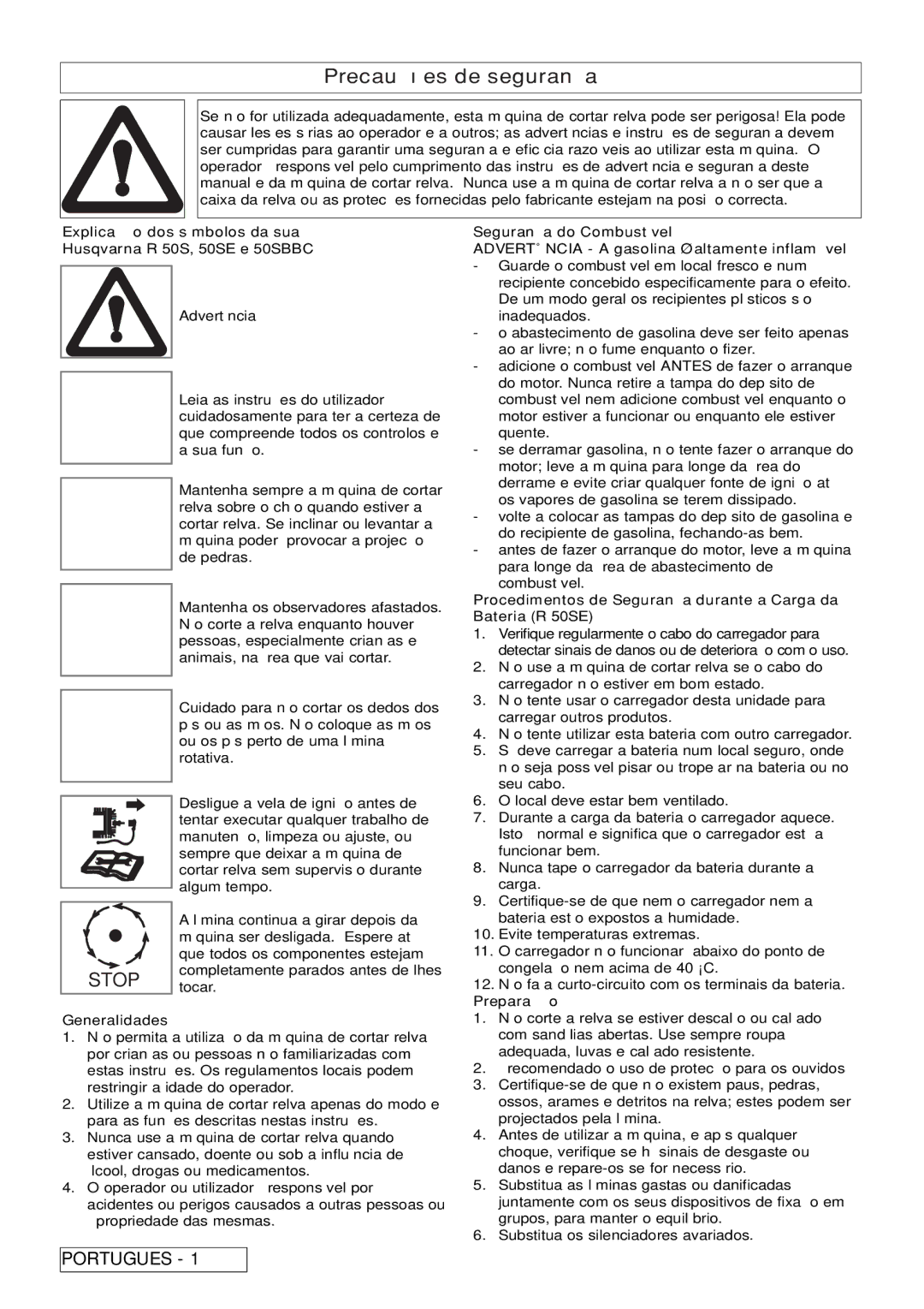 Husqvarna R 50SE, R 50S / BBC manual Precauções de segurança, Preparação 