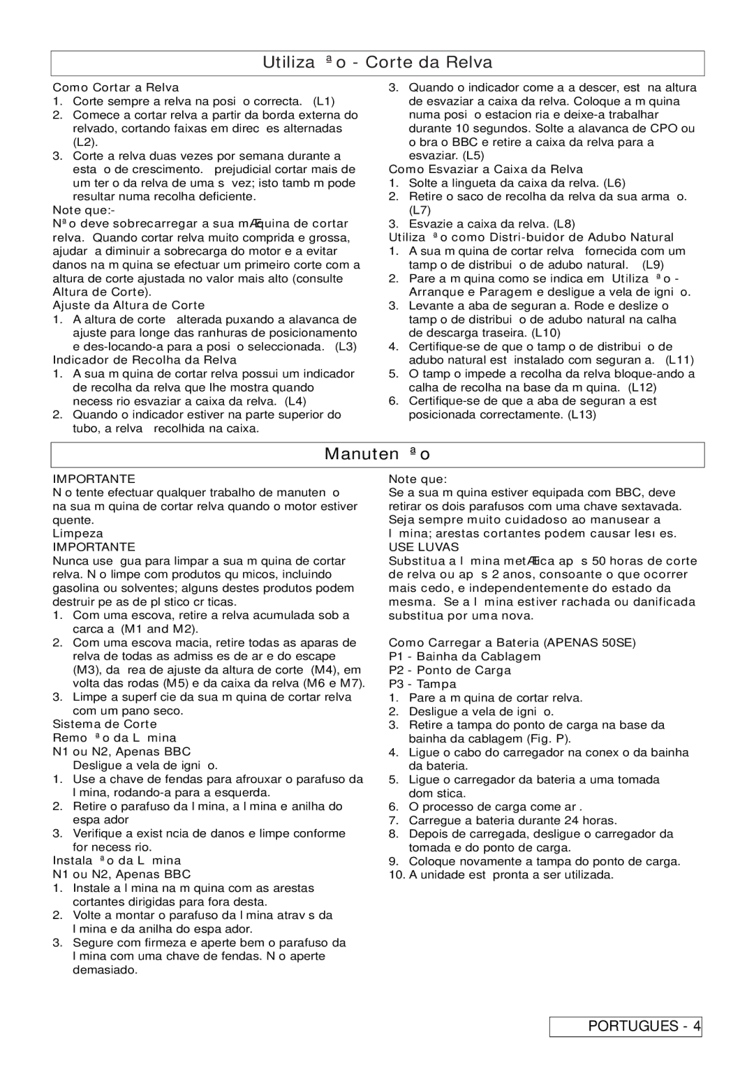 Husqvarna R 50SE, R 50S / BBC manual Utilização Corte da Relva, Manutenção, USE Luvas 