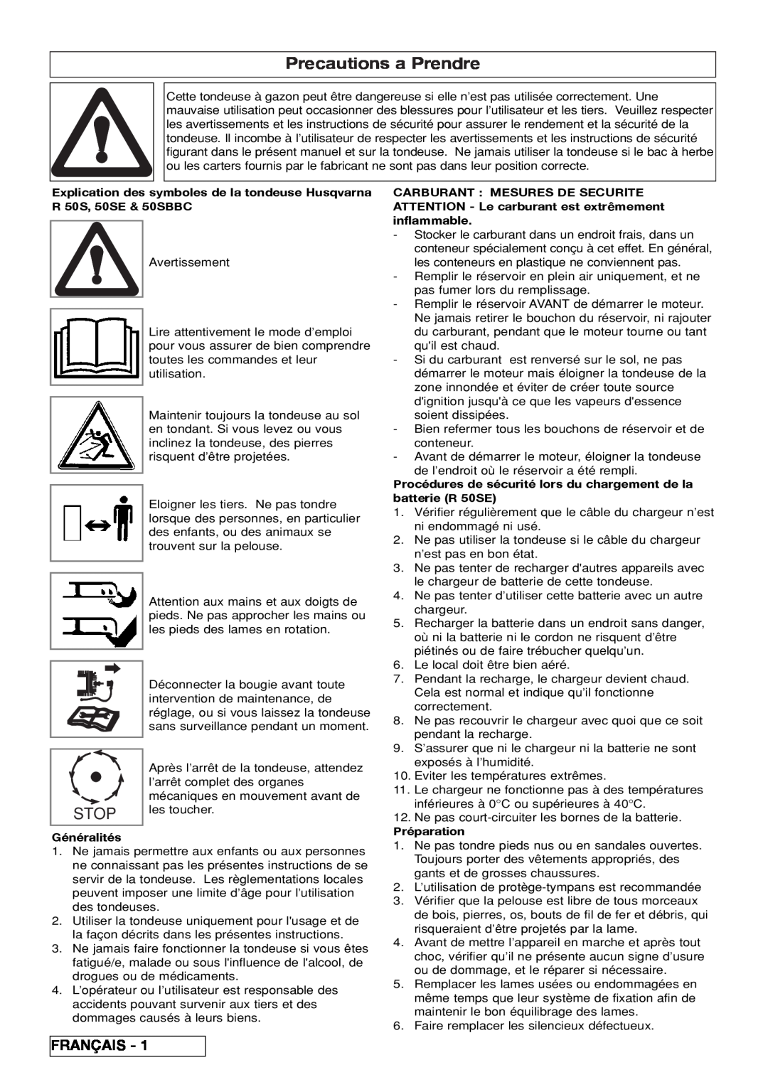 Husqvarna R 50SE, R 50S / BBC manual Precautions a Prendre, Stop, Français 