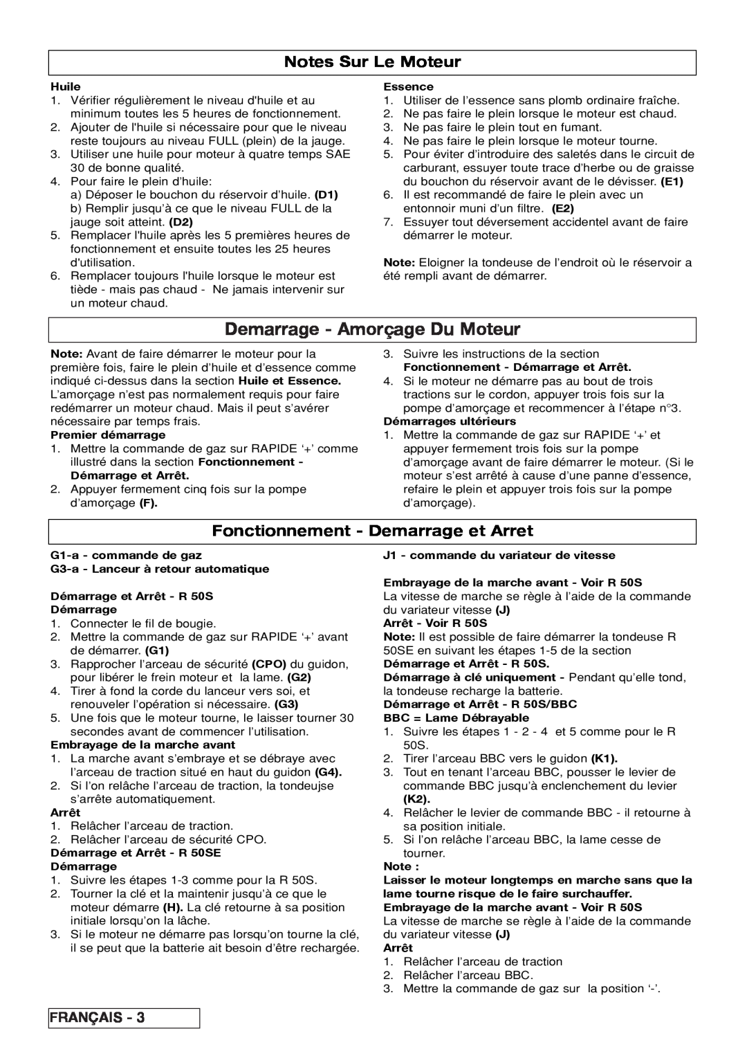 Husqvarna R 50S / BBC, R 50SE Demarrage - Amorçage Du Moteur, Notes Sur Le Moteur, Fonctionnement - Demarrage et Arret 