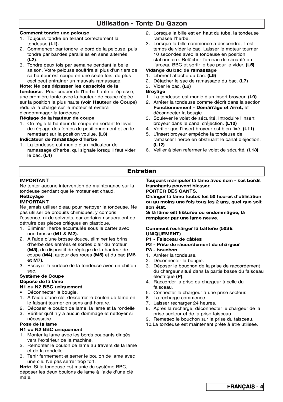 Husqvarna R 50SE, R 50S / BBC manual Utilisation - Tonte Du Gazon, Entretien 