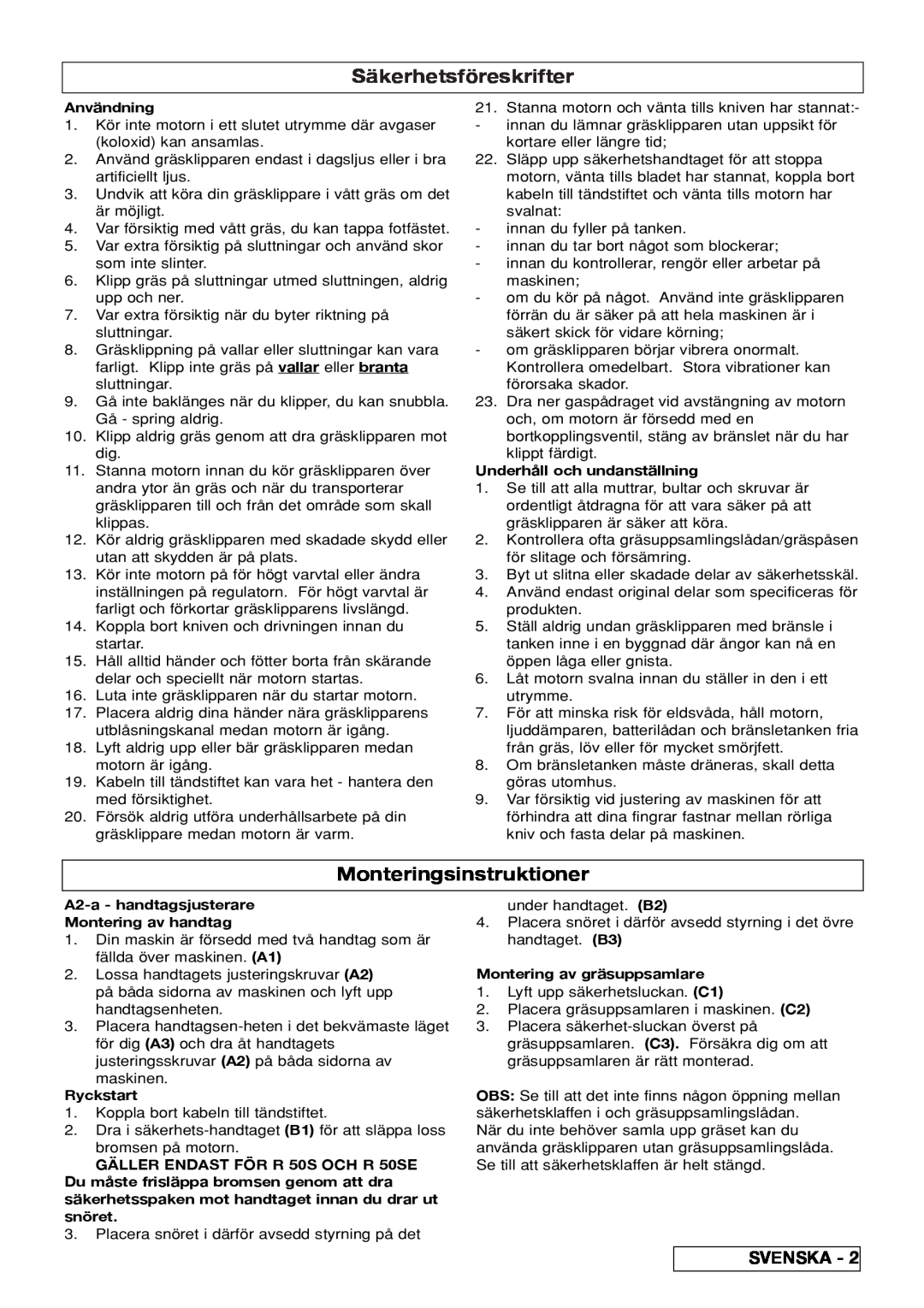 Husqvarna R 50S manual Säkerhetsföreskrifter, Monteringsinstruktioner, Användning, Underhåll och undanställning, Ryckstart 