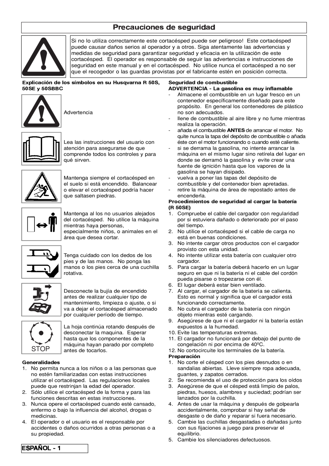 Husqvarna R 50SE, R 50S / BBC manual Precauciones de seguridad, Stop, Español 
