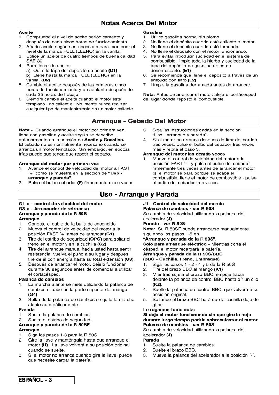 Husqvarna R 50S / BBC, R 50SE manual Uso - Arranque y Parada, Notas Acerca Del Motor, Arranque - Cebado Del Motor 