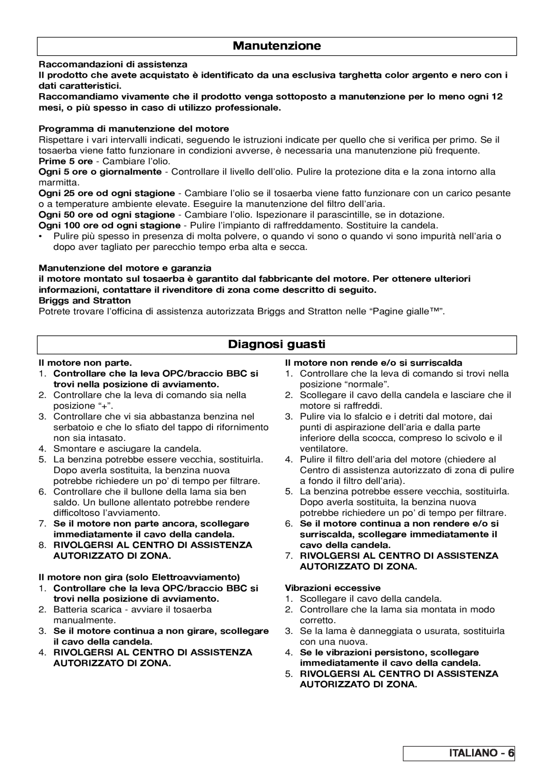 Husqvarna R 50S / BBC, R 50SE manual Manutenzione, Diagnosi guasti, Italiano 