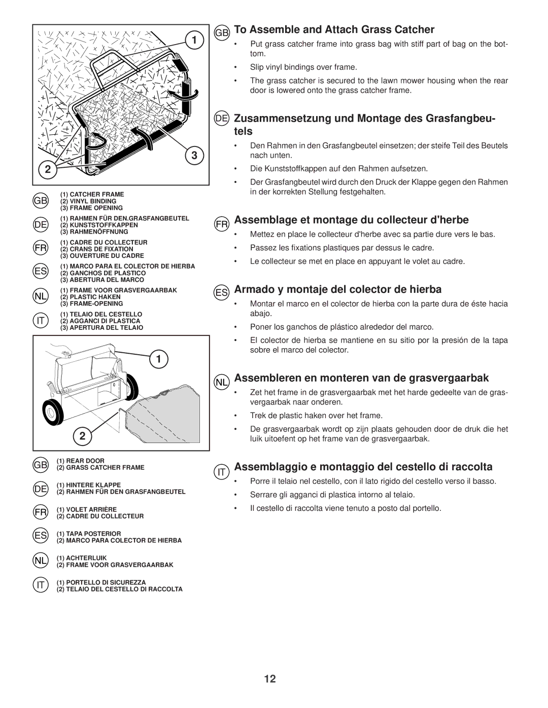 Husqvarna R 53 instruction manual To Assemble and Attach Grass Catcher, Zusammensetzung und Montage des Grasfangbeu- tels 